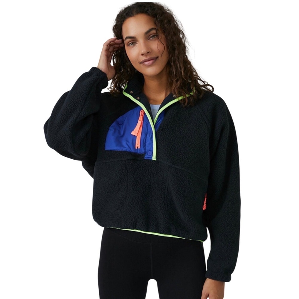 Free People Movement Hit The Slopes Fleece Pullover Womens Large Black Neon